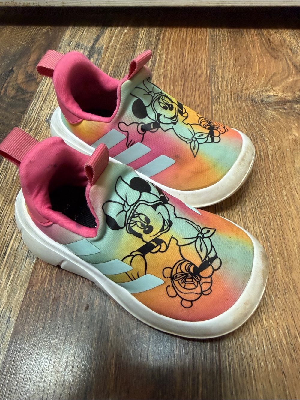 adidas Kids Minnie Mouse Slip-On Sneakers in Pink and Rainbow Tie-Dye (Monofit)